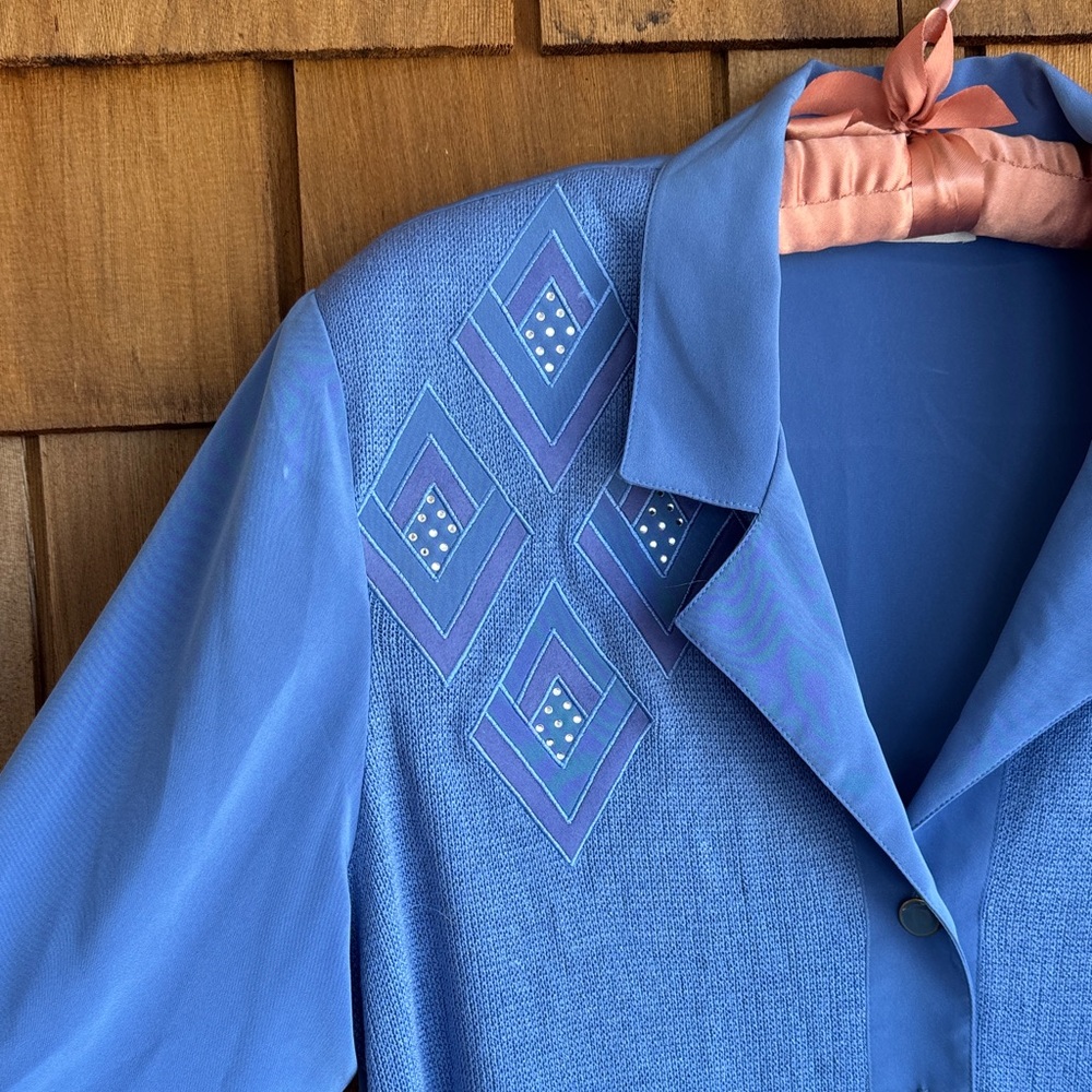Vintage Blue Button-Up Sweater Jacket with Geometric Embroidery and Skirt - Picture 6 of 11